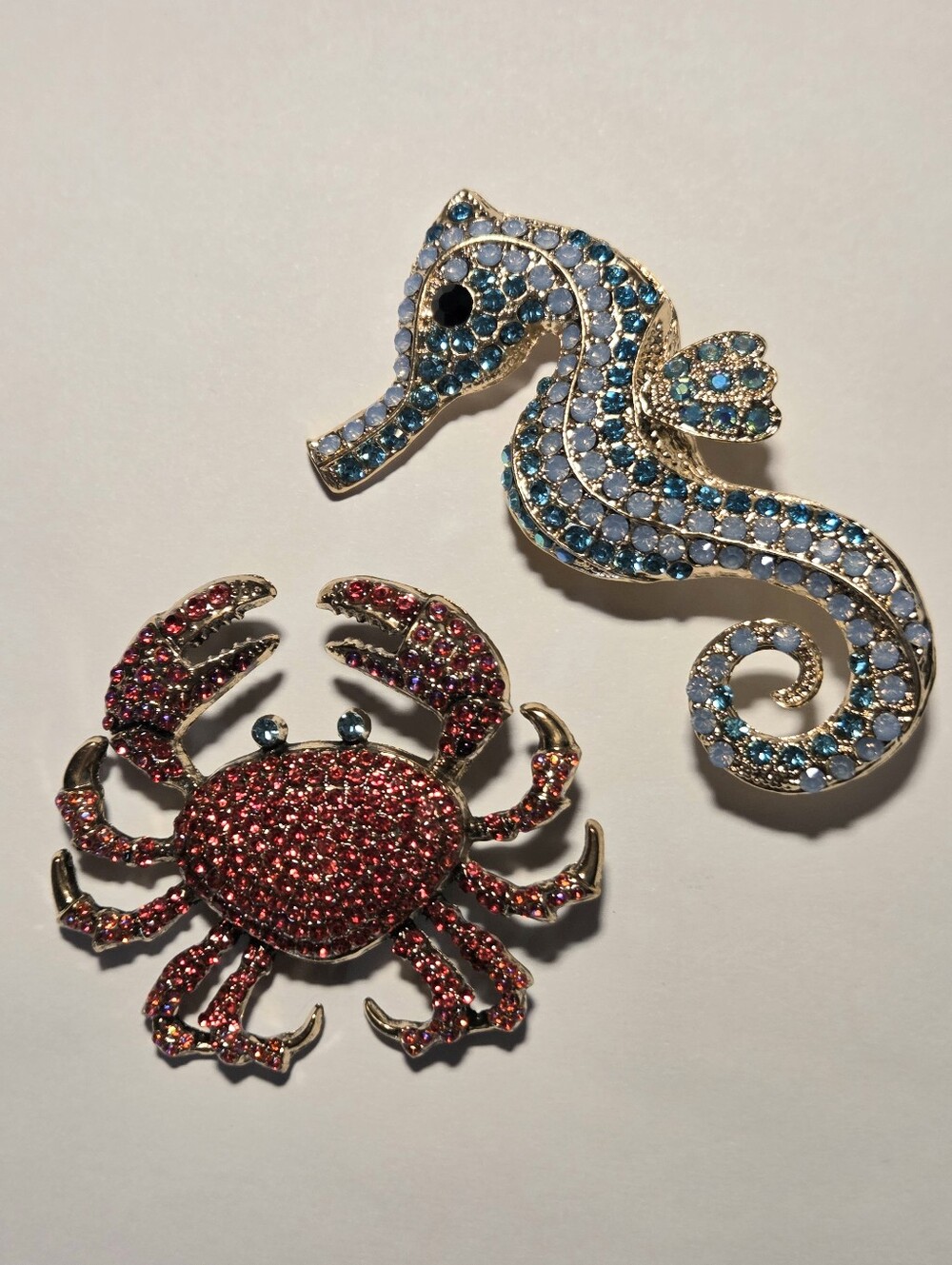 Gold-Tone Rhinestone Red Crab & Blue Seahorse Brooch Set